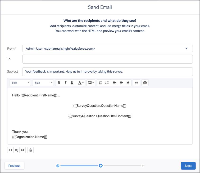 Send Email screen for surveys