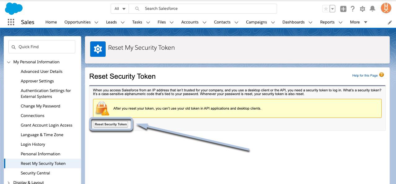 Arrow pointing to reset security token button