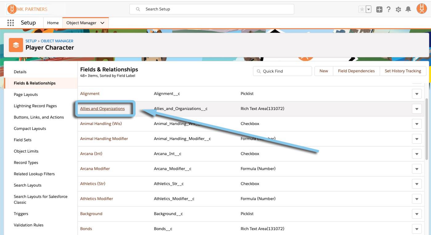 Selecting a field from the object manager