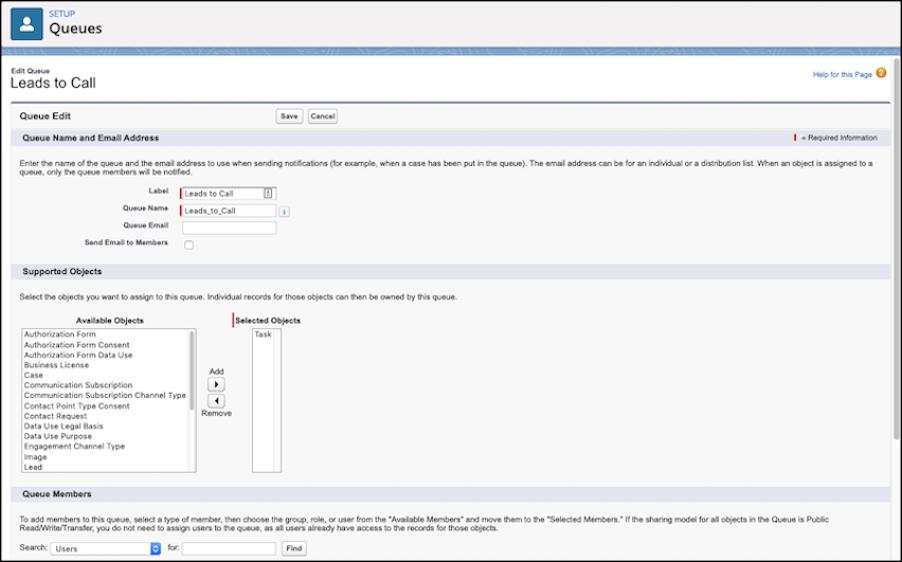 Setup menu for Queues