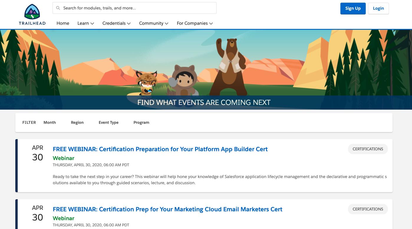 Screenshot of the upcoming events from Trailhead